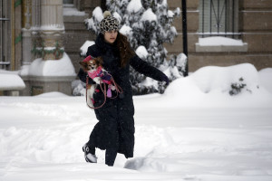 A woman walks with her dog along a street covered by snow during a winter storm in Washington