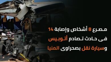 مصرع 8 أشخاص وإصابة 14 فى حادث تصادم أتوبيس وسيارة نقل بصحراوى المنيا